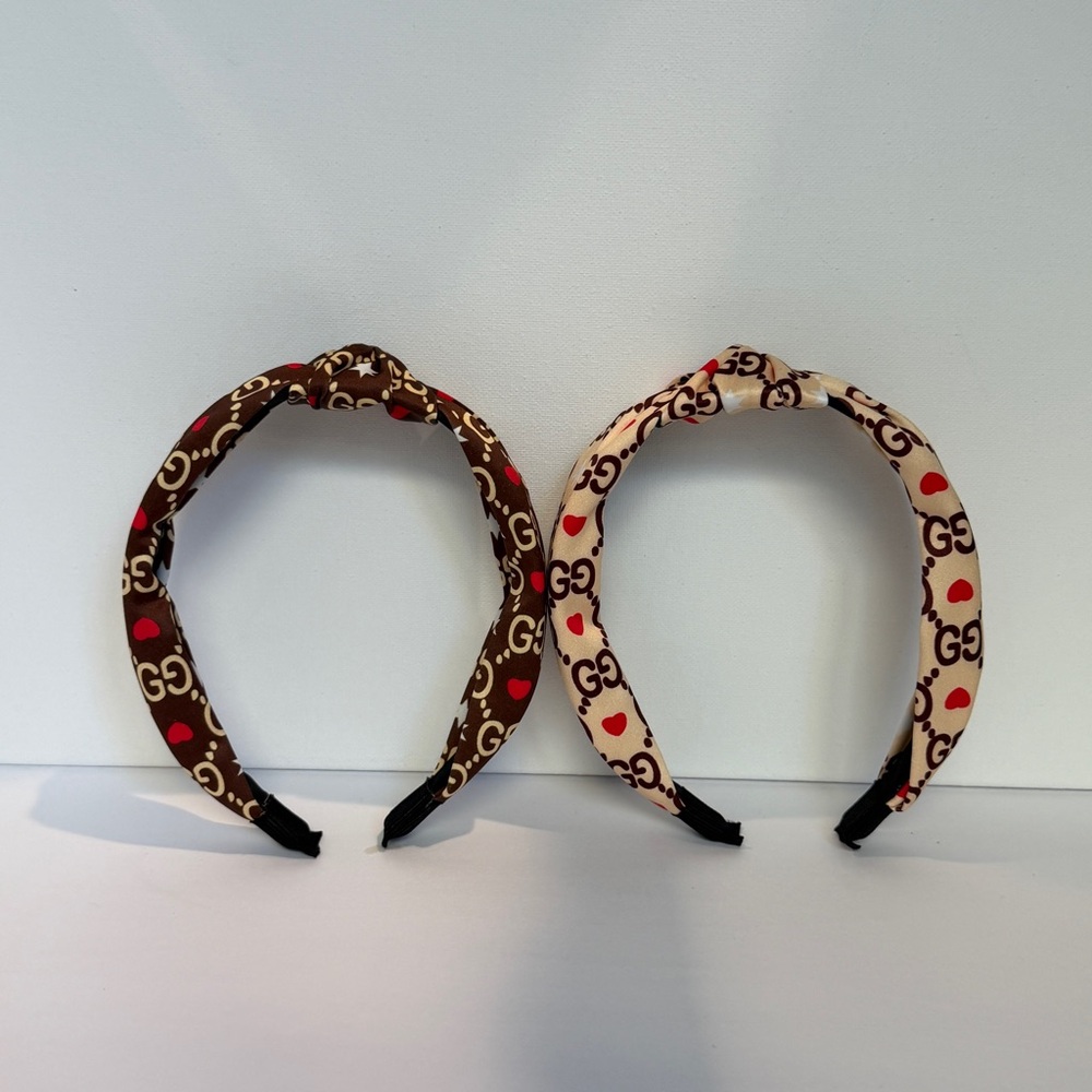 Knotted Satin Headband - Brown and Beige with Red Accent - Picture 2 of 6